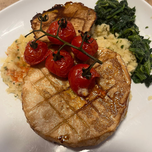 Black Garlic Balsamic Roast Celeriac with Herby Bean Mash