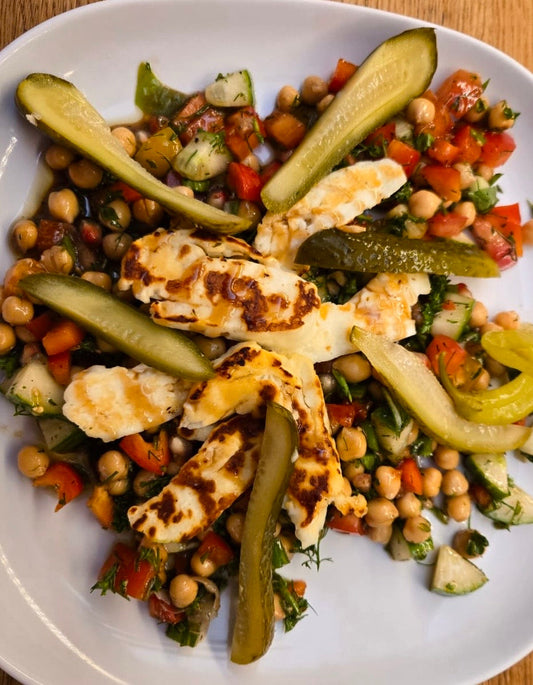 Halloumi On A Bed of Chickpea Salad