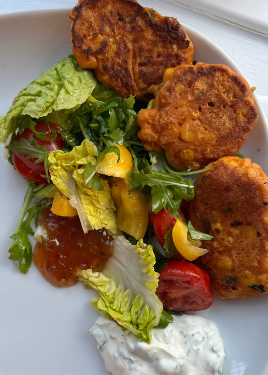Tikka Masala Fritters with Raitha and Mango Chutney
