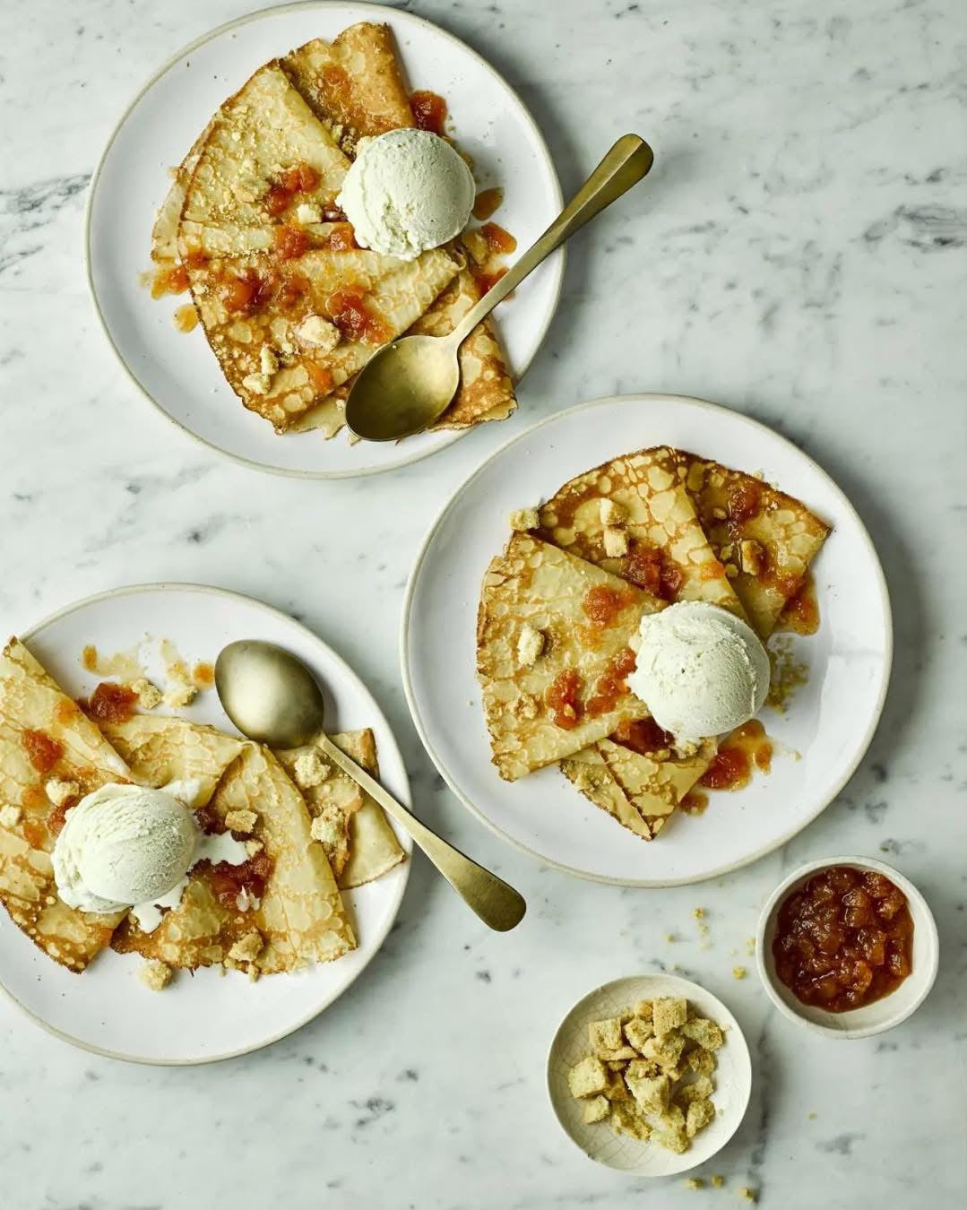 Pancakes with Vanilla Ice Cream, Bramley Apple Sauce and Shortbread Crumble Pieces