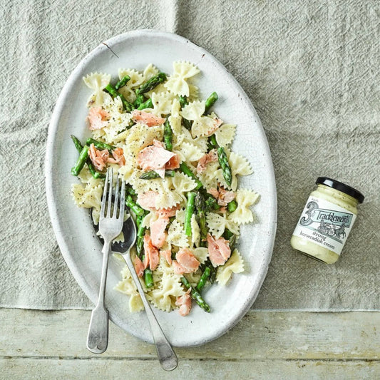 Hot Smoked Salmon with Asparagus and Strong Horseradish Cream