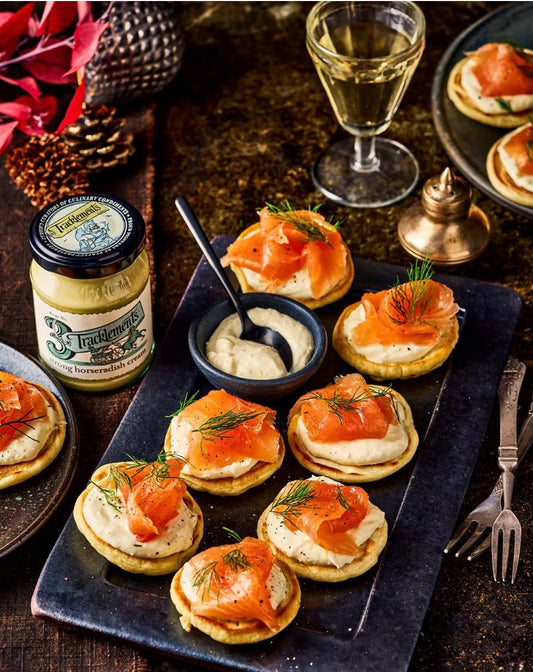 Smoked Salmon Pancakes with Horseradish Crème Fraîche and Dill