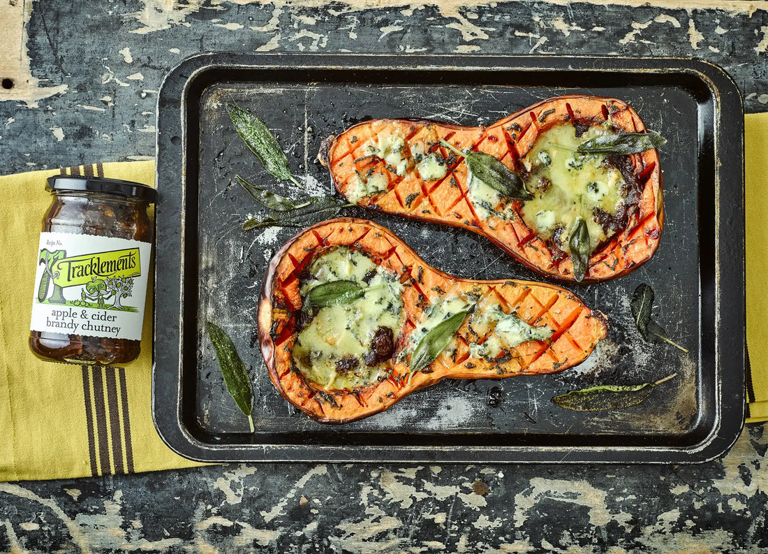 Roasted Butternut Squash with Blue Cheese and Apple & Cider Brandy Chutney