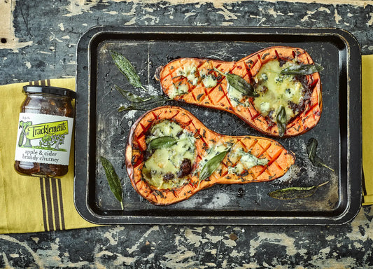 Roasted Butternut Squash with Blue Cheese and Apple & Cider Brandy Chutney