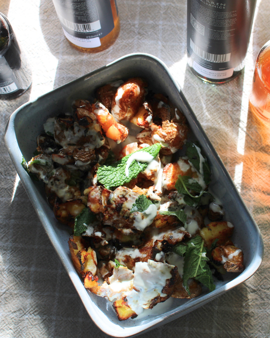 Crispy Baby Balsamic Potatoes with mayo and mint dressing